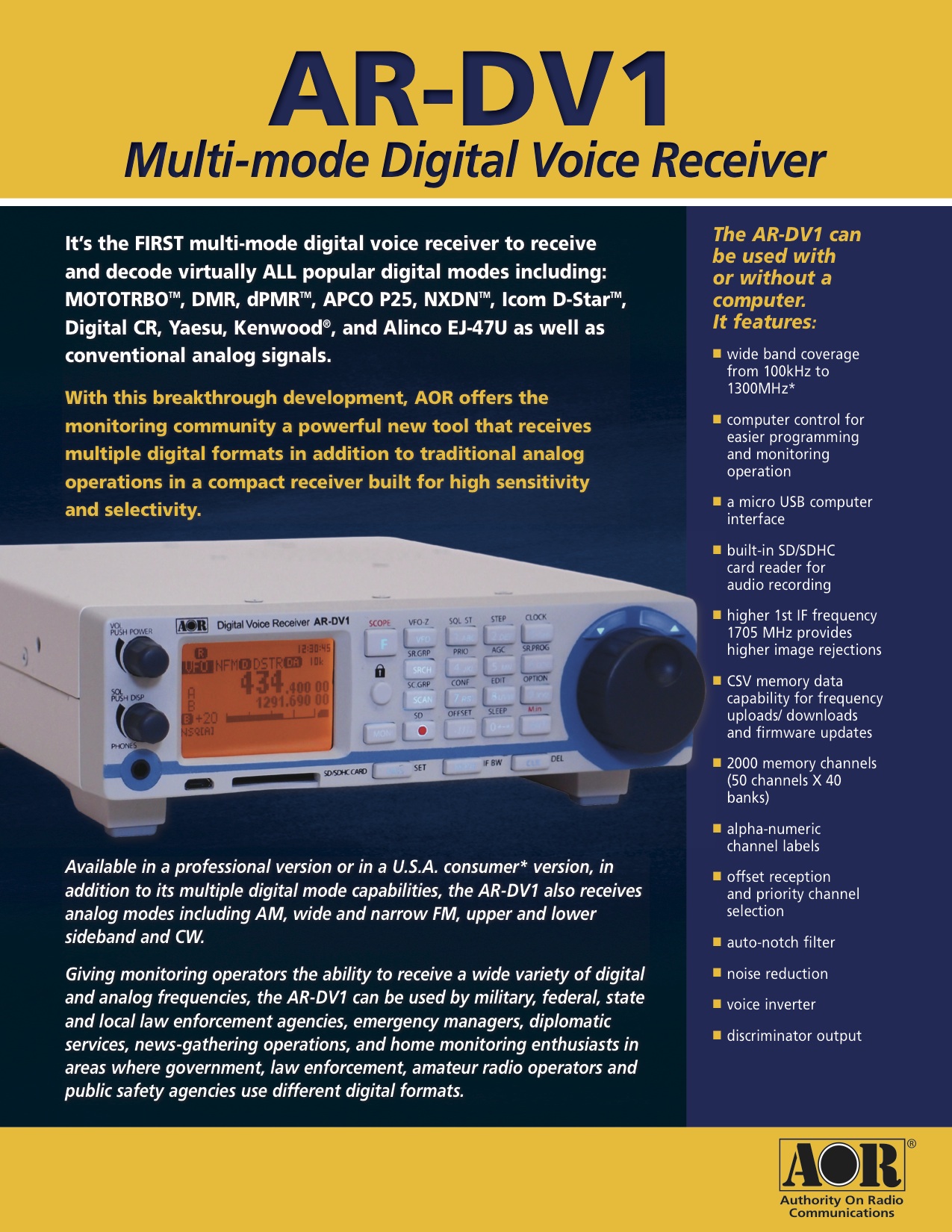 AR-DV1 | RECEIVERS | AOR U.S.A., INC. Authority On Radio Communications